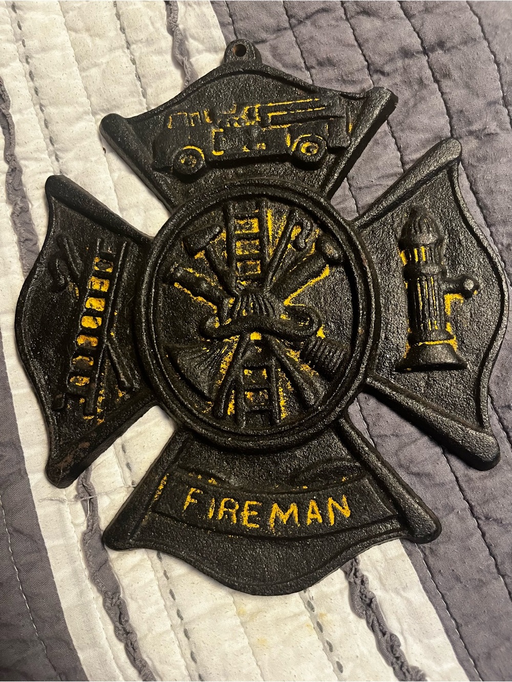 Cast Iron Firefighter Maltese Cross Wall Decor - Black & Yellow